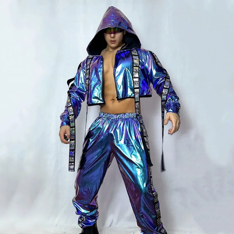 Male Team Jazz Hip Hop Dance Costume Punk Style Letter Bandage Laser Hooded Jacket Pants 2 Piece Set Nightclub Party Rave Outfit