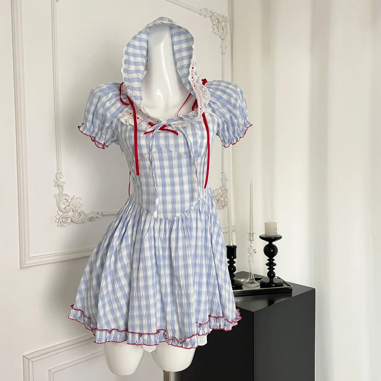 Summer Sweet Chiffon Fluffy Cake Mini Dress Women Slim Lace Splicing Plaid Bow Dress Japanese Kawaii Beach Style Short Sleeve