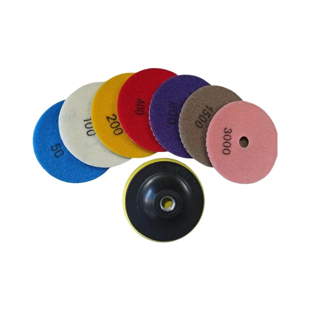 4 Inch Wet Diamond Polishing Pads for Granite Marble Refinishing Featuring Multiple Grit Levels and Mounting Tray