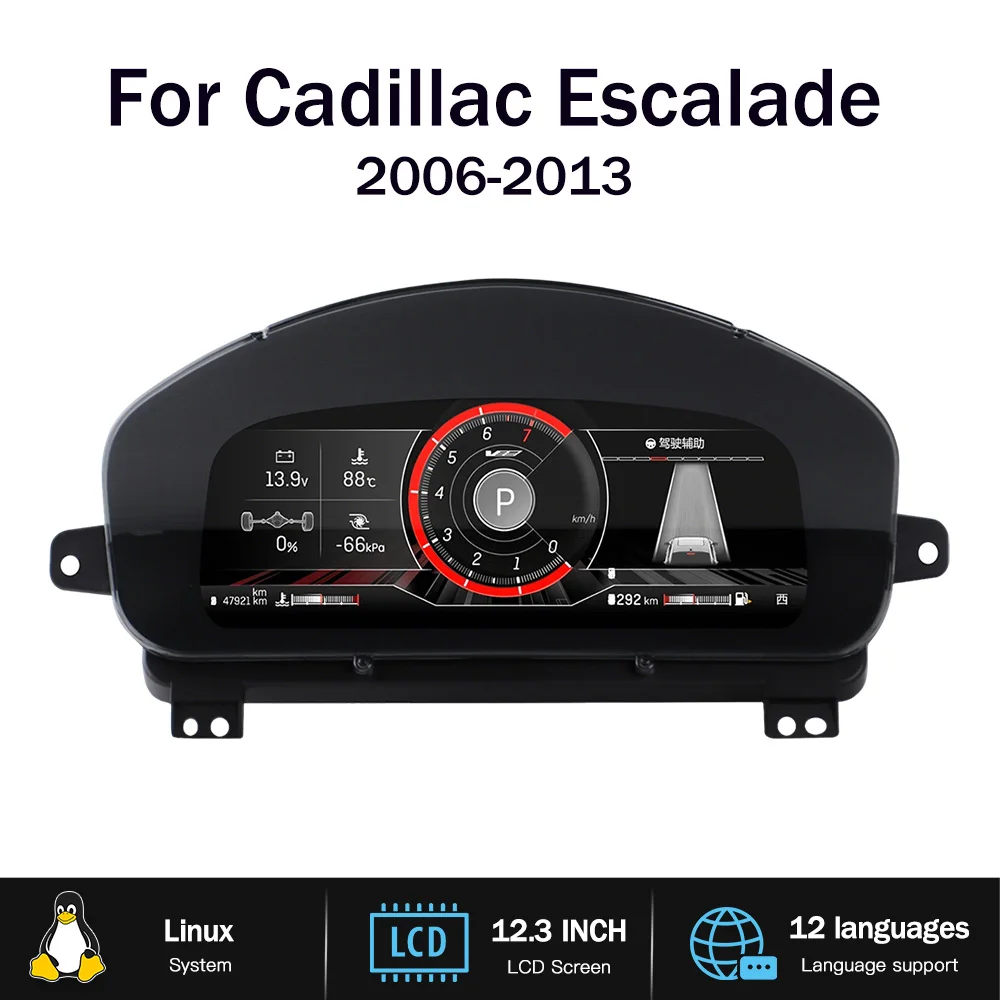 12.3'' HD Virtual Cockpit LCD Digital Instrument Cluster for Cadillac Escalade 2006-2013 CarPlay Speedometer,Dashboard,Gauge
