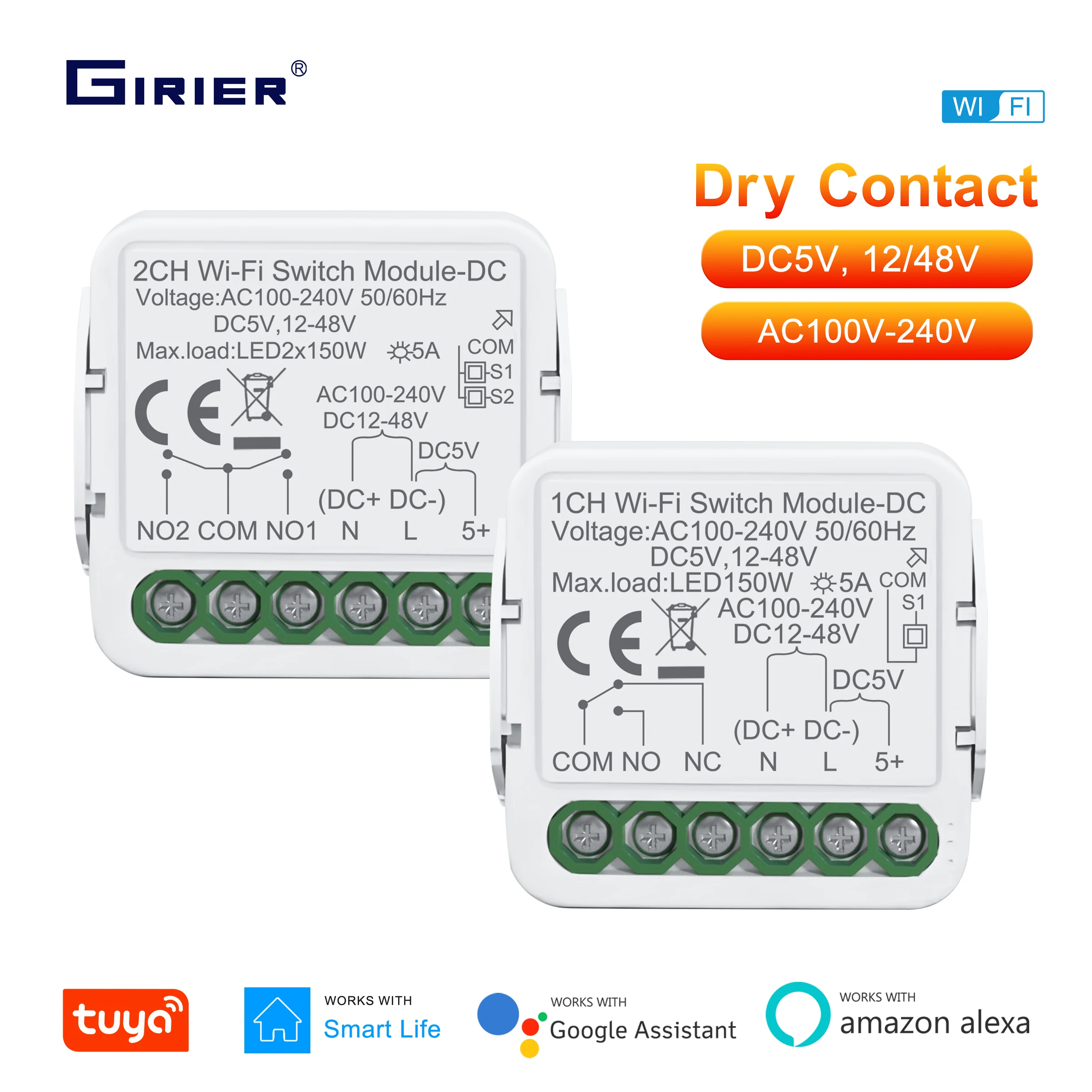 

GIRIER Tuya Smart Switch Module WiFi Dry Contact Module DC5/12-48V AC100-240V DIY Breaker Relay Work Alexa Google Home Assistant