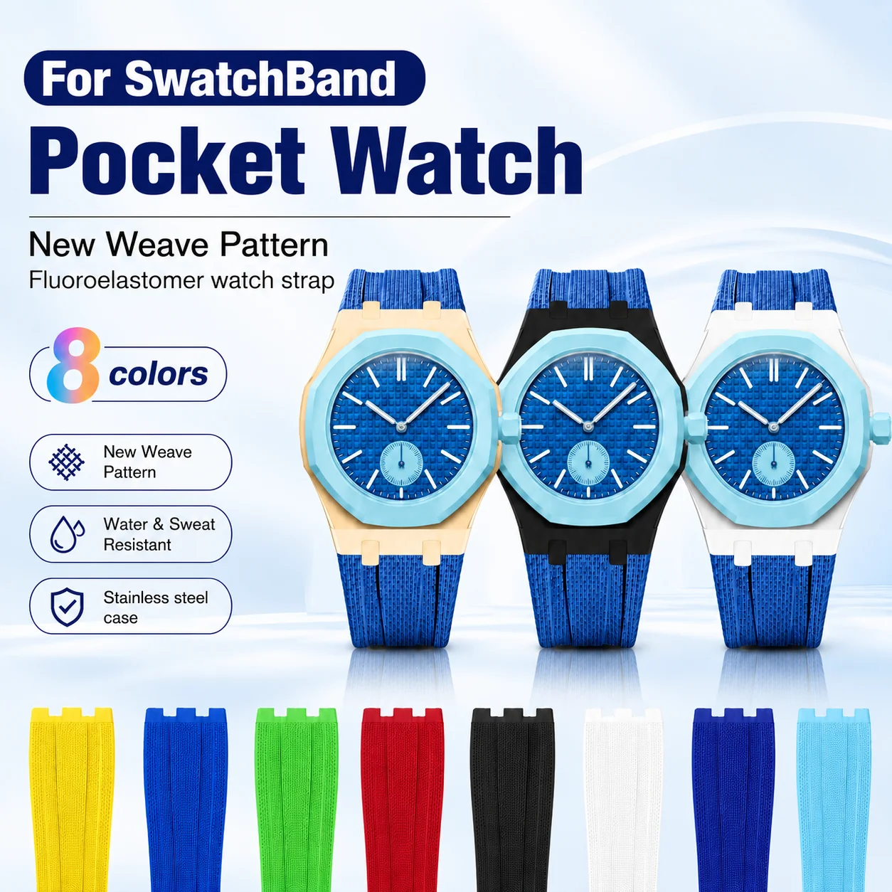 New Stainless Steel Case and New Textured Weave Fluororubber Strap, Mod Kit For Swatch BraceletPocket Changer To Wristwatch Band