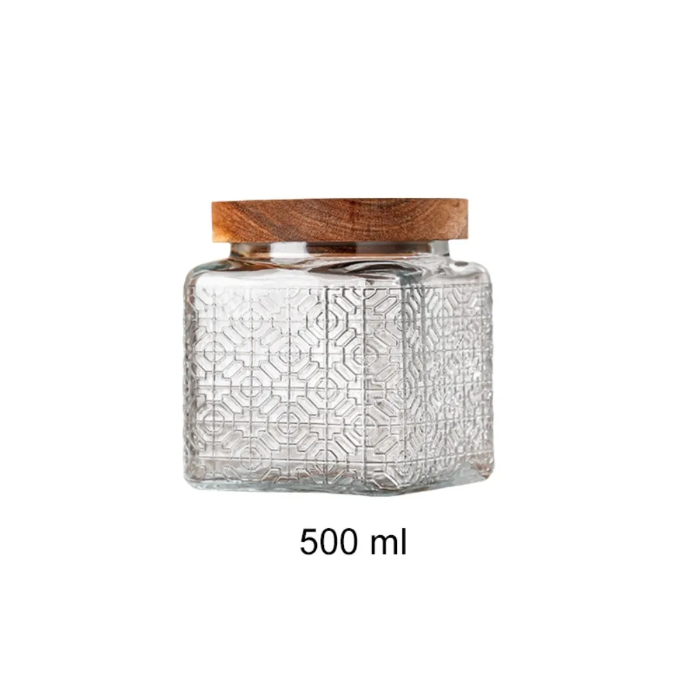 Vintage Embossed Glass Storage Jar Wood Lid Moisture-proof Kitchen Glass Bottle Thickened Square Kitchen Storage Container Nut