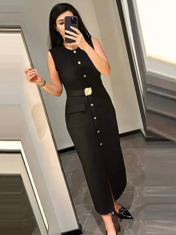 Damskie czarne sukienki z paskiem, długie sukienki, letnie sukienki damskie 2026, codzienne sukienki midi bez rękawów, sukienki zapinane na guziki, dopasowane sukienki 9COH