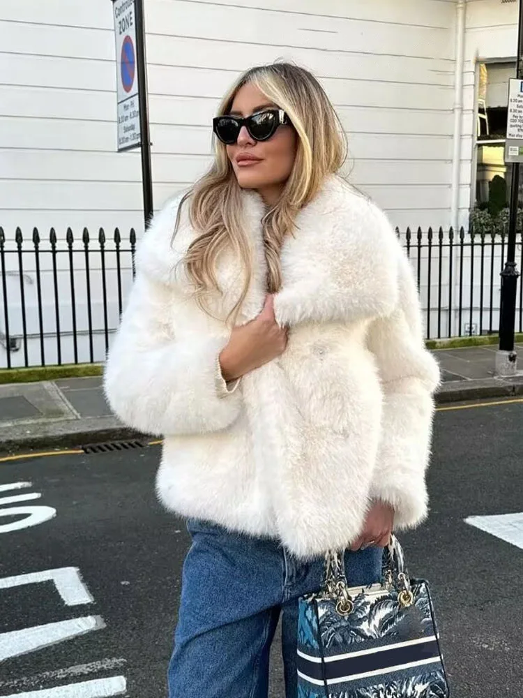 

HH женская модная укороченная куртка из искусственного меха, пальто, осень-зима, толстая теплая куртка с лацканами и длинными рукавами, женская шикарная верхняя одежда