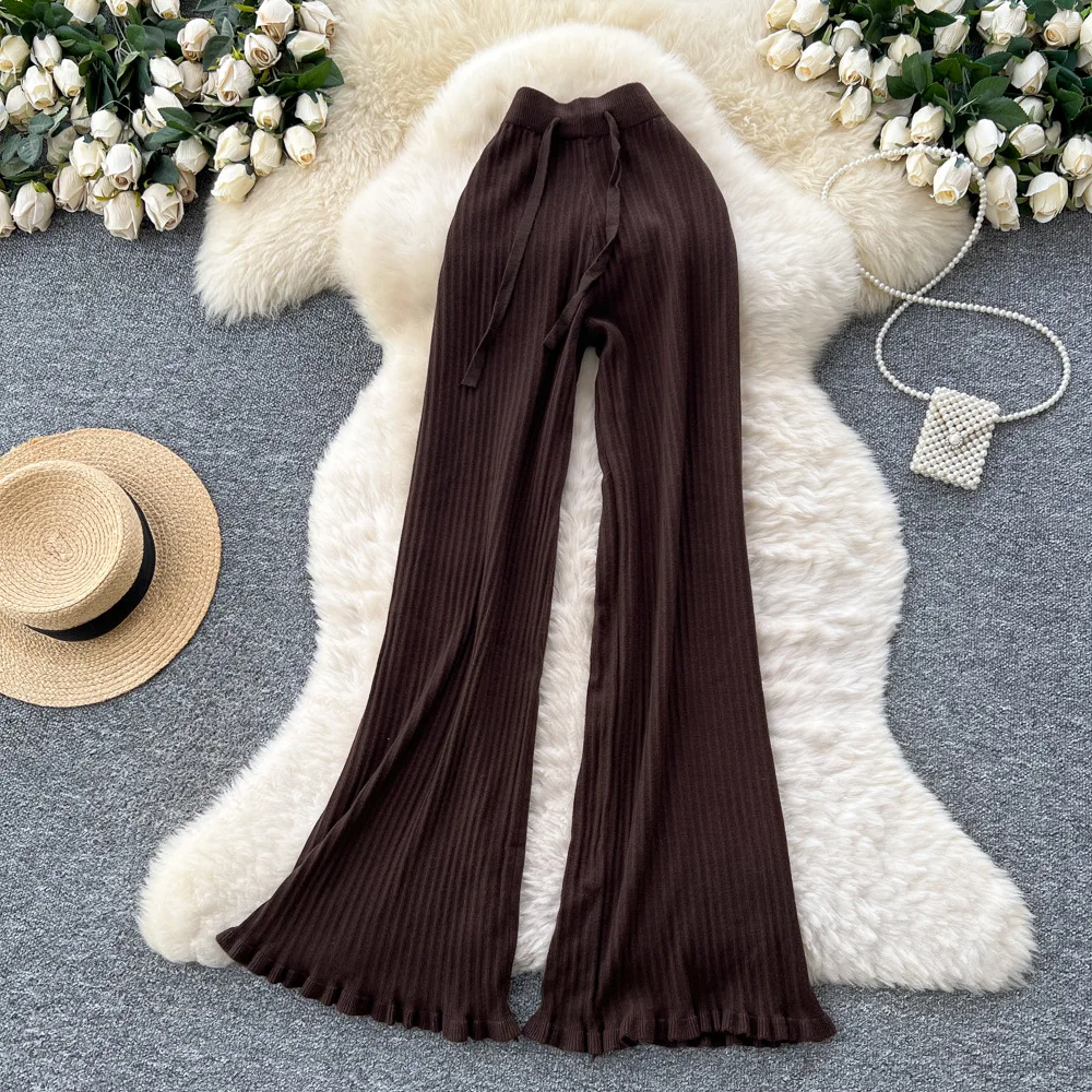 

Women Solid Knitted Pants Wide Leg Capris Ruffle Full Lenth Mid Drawstring Waist Loose Fit Office Lady Casual 2025 Autumn Winter
