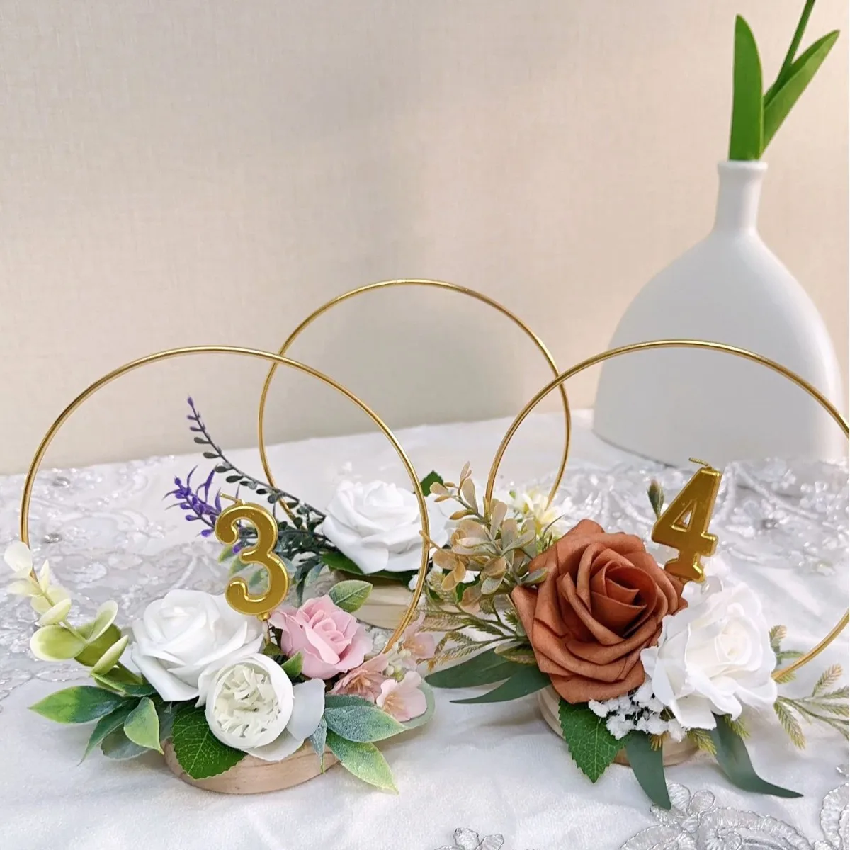 

YeeNanee Floral Hoop Wreaths Wooden Base Metal Wreath Ring Table Centerpieces for Wedding Ceremony Sweetheart Reception Decor