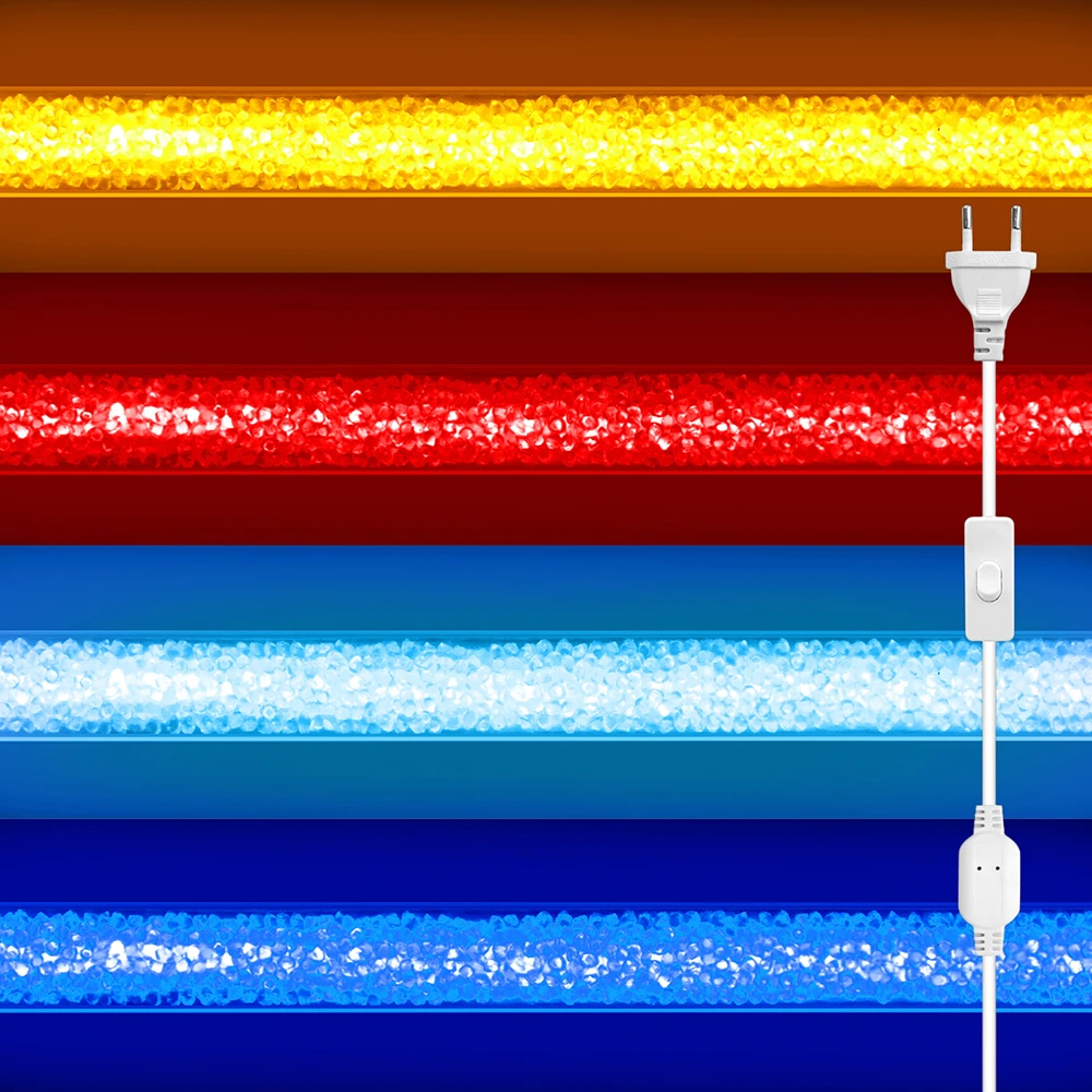 288LEDs/m Warm White Blue Red Green Crystal COB Neon Strip Rope Light 220V Switch EU UK Power Plug Kit Hotel Lobby Ceiling Decor