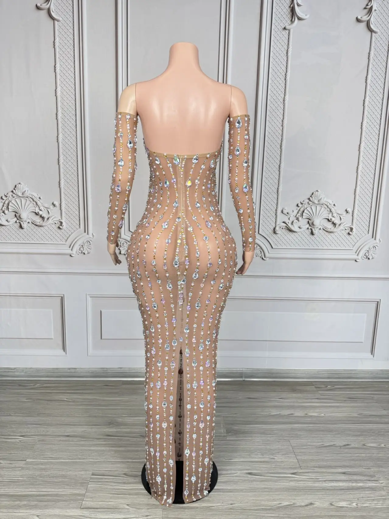 High-end-Luxus Kristalle Bodycon Liebsten Lange Kleider Handschuhe Frauen Sexy Durchsichtig Mesh Feiern Prom Abendkleid Yuzhou