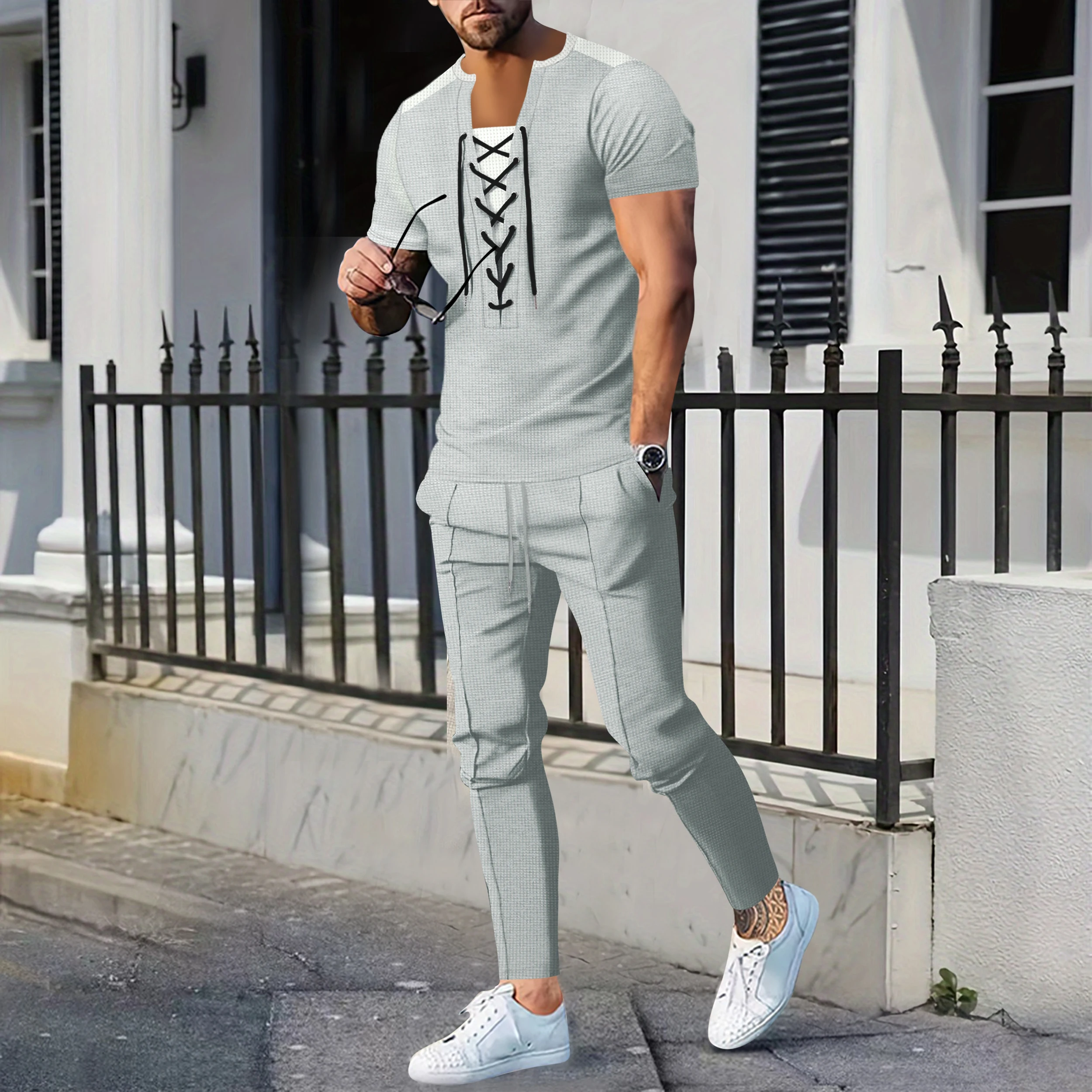 

2025 Men's new youth daily wear leisure vacation fashion comfortable wear rope short-sleeved T-shirt + tracksuit pants two-piece