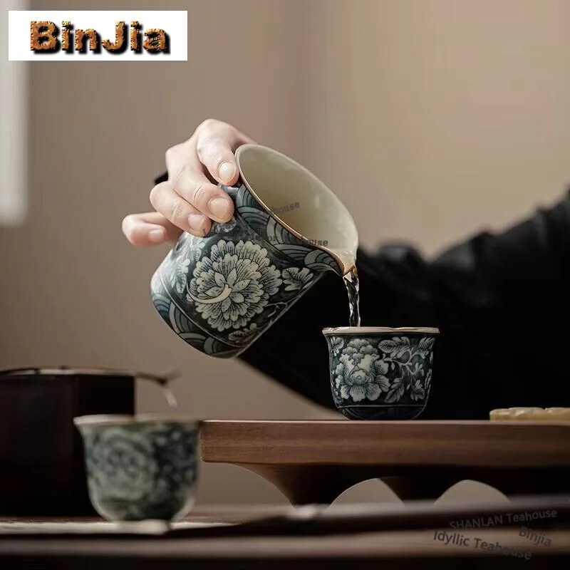 165ML Retro Blooming Flowers Tea Pitcher Handmade Ru Kiln Ceramic Cha Hai Justice Cup Coffee Divide Tea Chinese Teaset Supplies
