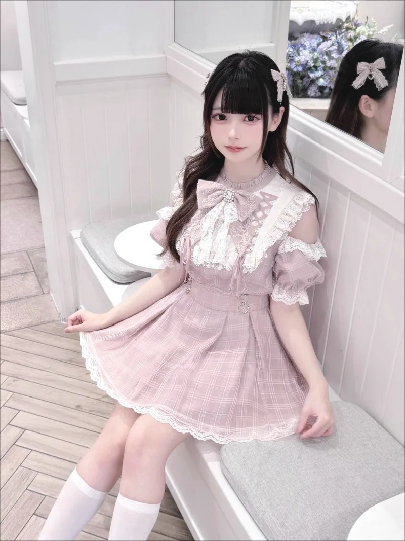 

Original Mass-Produced Japanese Sweet Cute Gray Pink Dress for Women Rhinestone Bow Puff Sleeves Elegant Lolita Princess Dresses