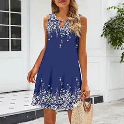 Elegancka letnia sukienka damska z nadrukiem O-Neck bez rękawów Casual Daily Wear Krótkie spódnice Beach Dress Casual Vestidos Curtos