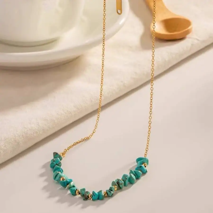

Handmade Turquoise Chips Beaded Necklace with 14K Gold Filled Spacers Fashion Jewelry Gift for Her