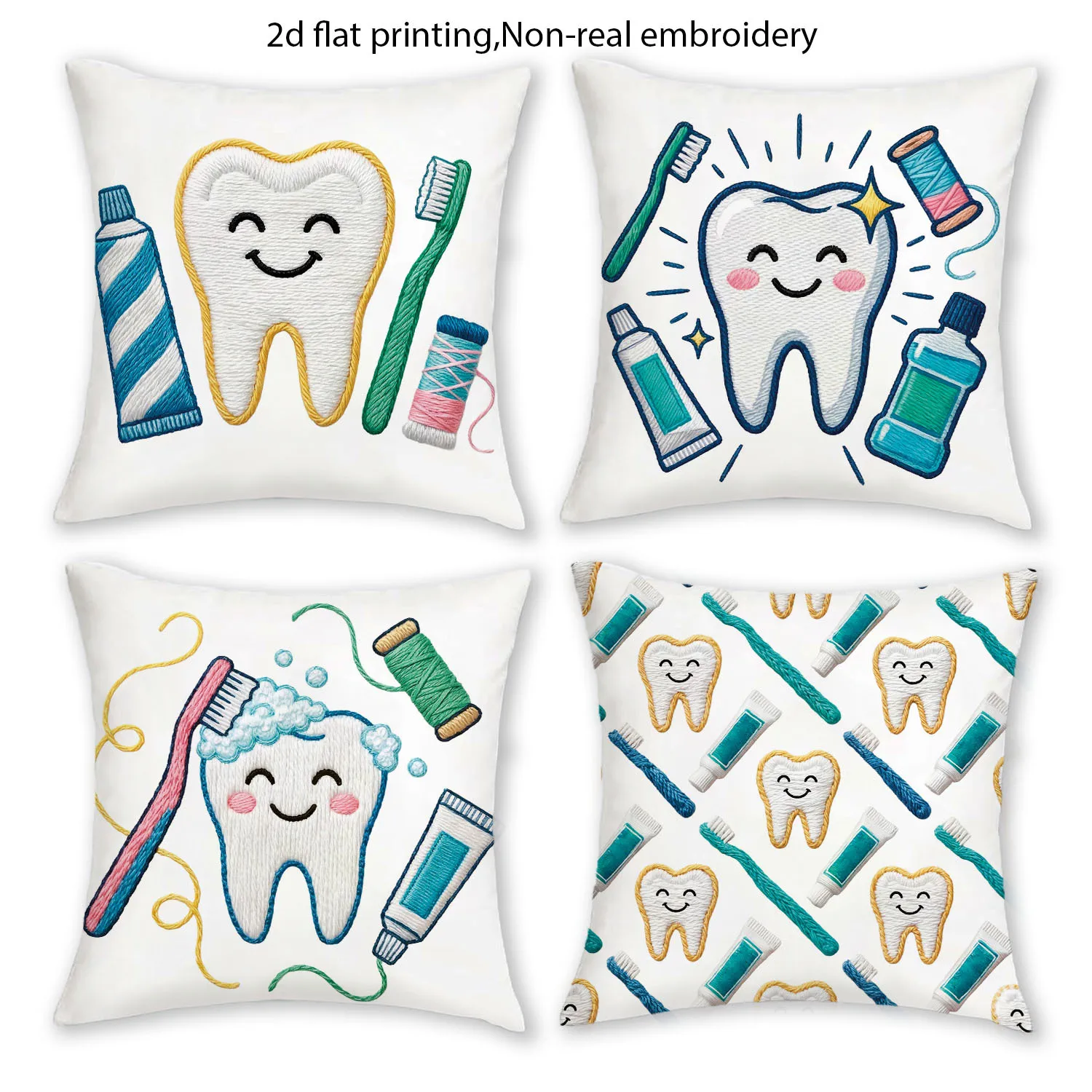 Pediatric Dentist Style Pillow Covers, Cute Cartoon Tooth & Dental Hygiene Tools Print Cushion Cases, Cozy Clinic & Home Decor