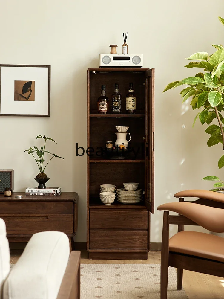 178North American black walnut wine cabinet Nordic simple solid wood vertical cabinet Home living room glass display locker