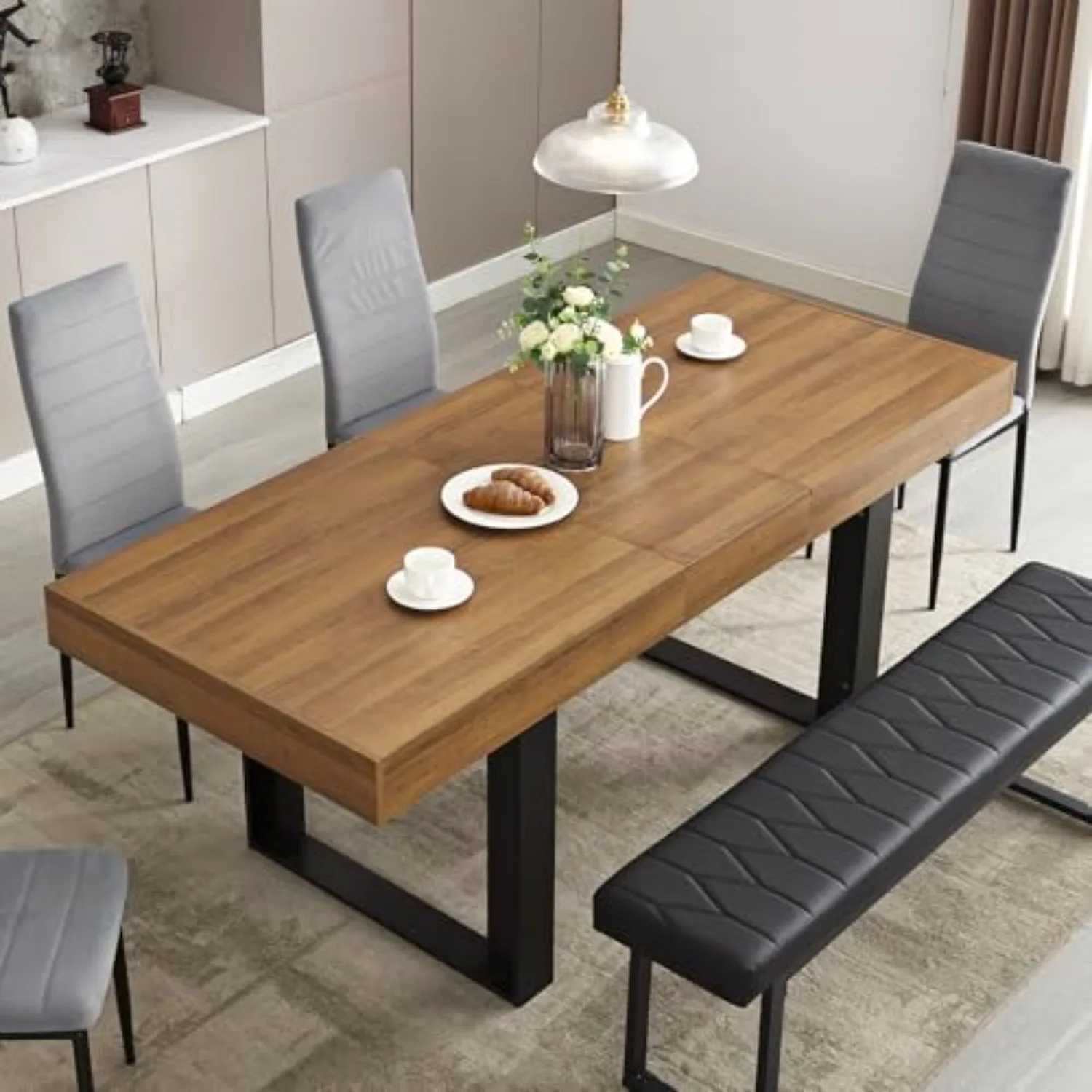 63-79 Inch Extendable Dining Table, Wooden Rectangle Kitchen Table for 6-8 | Expandable Dining Room Table, Walnut Brown