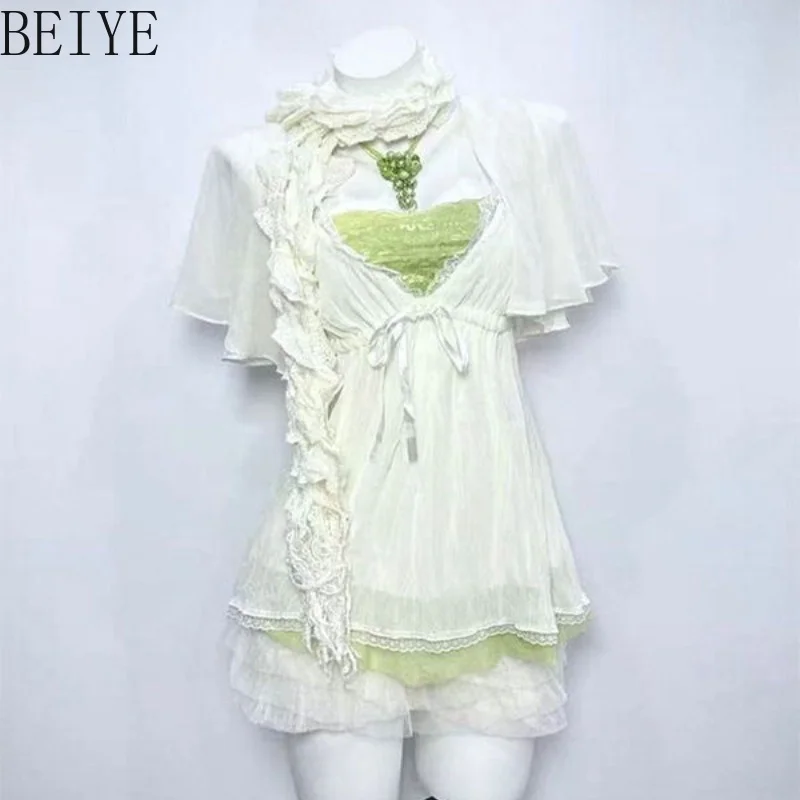 3Pcs Y2K Fairy Outfit White Chiffon Green Heart Lace Camisole Tiered Ruffle Mini Skirt Women Kawaii Summer Beach Wear Suits