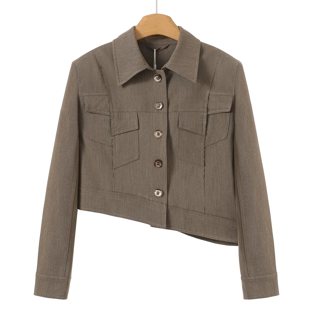 spring-collection-shoulder-pad-high-waist-short-jacket-slant-hem-commute-style-ladies-coat-standard-fit-long-sleeve-button-cl