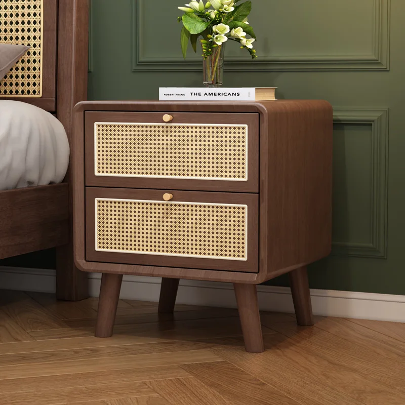 French retro style solid wood bedside table bedroom h small light luxury black storage rattan bedside table