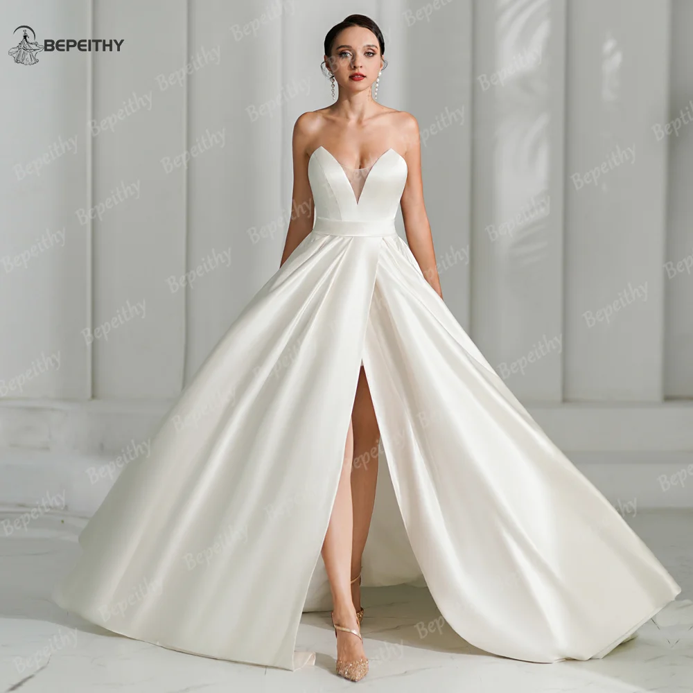 BEPEITHY Customized Ivory Satin A Line Wedding Dress For Women 2024 Sweetheart Sexy High Slit Sweep Train Bride Boho Bridal Gown