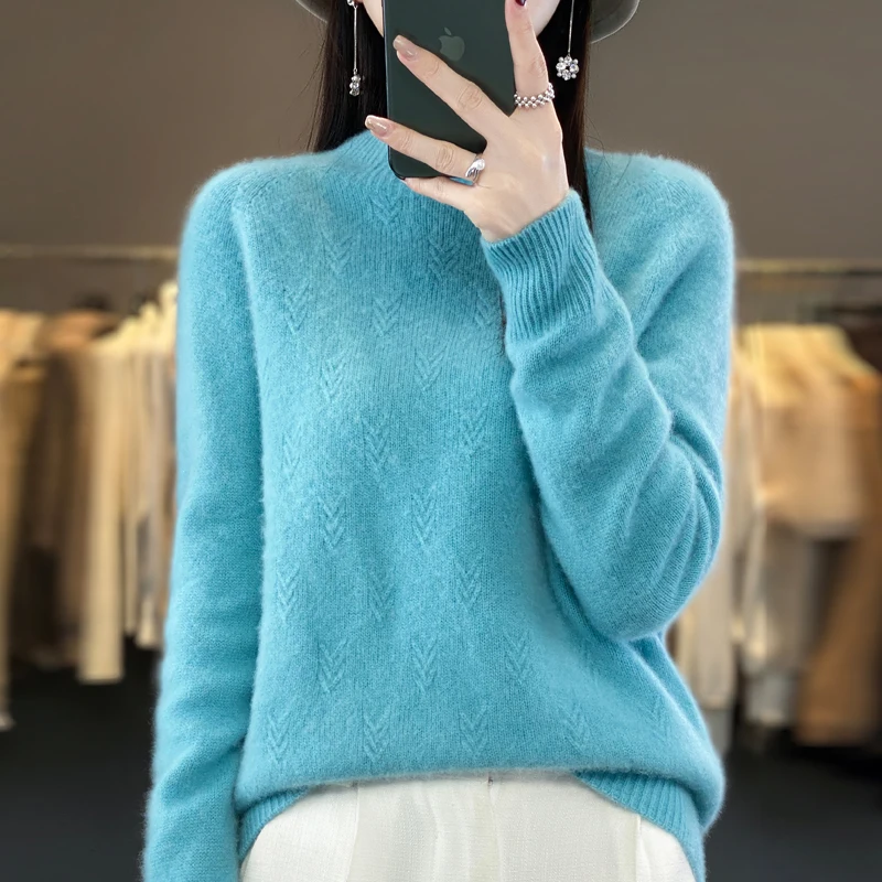 Mock Neck Winter Sweater Women Elegant Fashion Pure Wool Warm Sueter Knit Pullover Loose Tops Casual Jersey Knitwear Jumper New