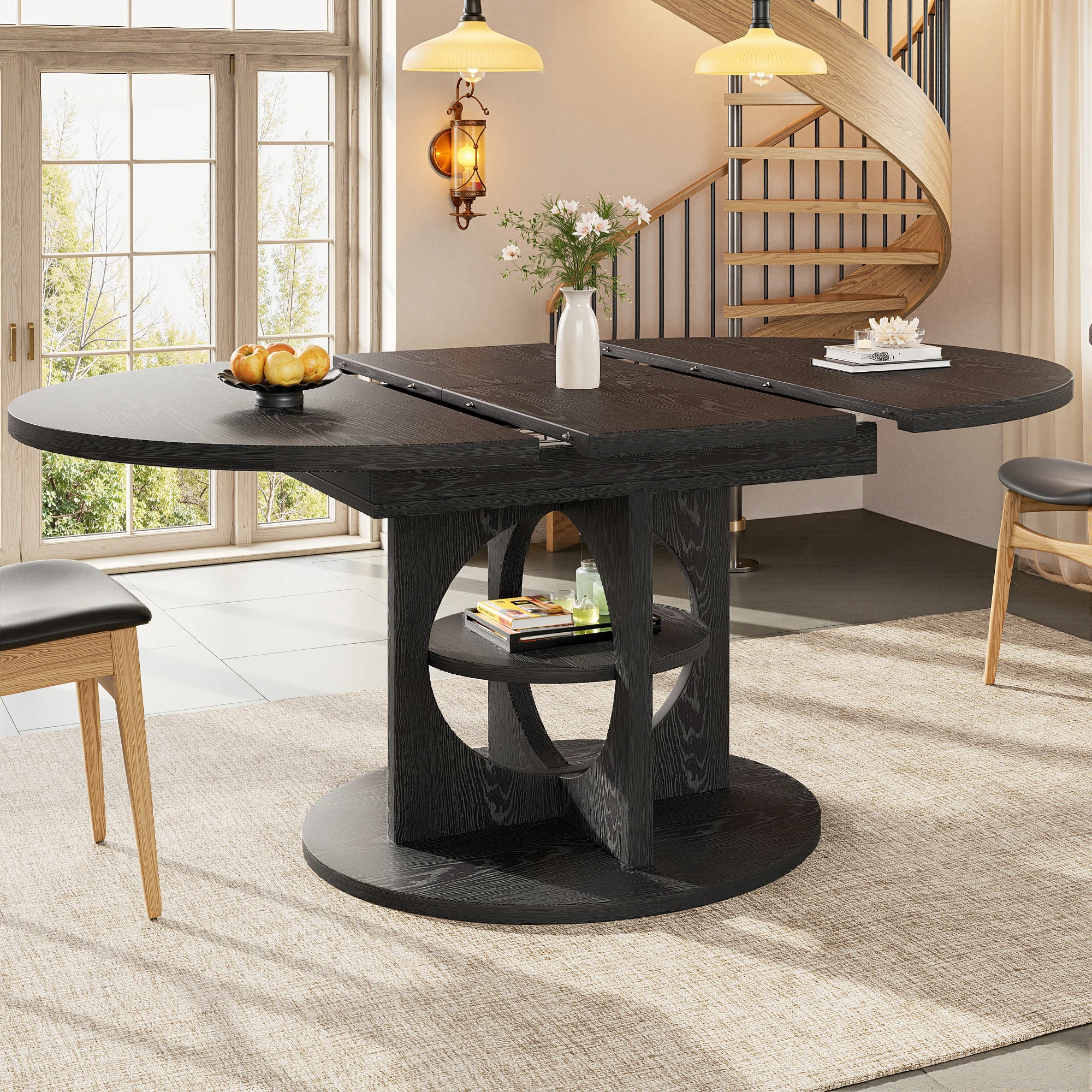 Table à manger extensible ronde à ovale avec étagère de rangement, capacité de 60 kg, grain de bois noir, MDF et métal, design moderne, gain de place