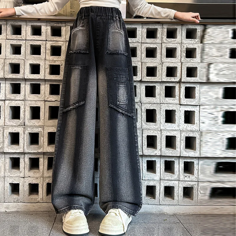 Children New Spring Autumn Straight Cut Black Jeans for Teen Girls Age 5 6 7 8 9 10 11 12 13 14 Years Kids Casual Denim Pants