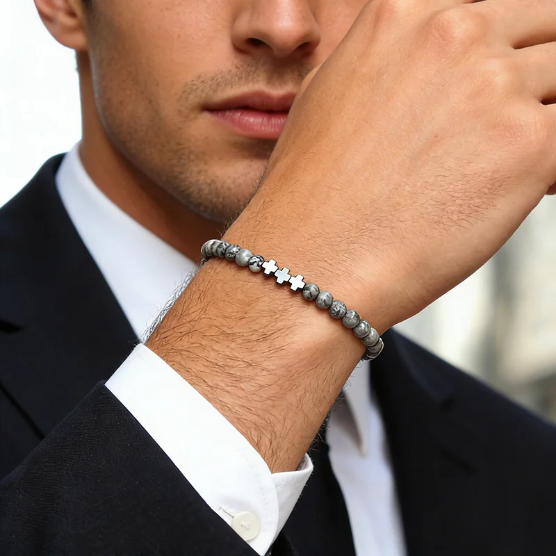 Punk Cross 4mm Stone Beads Men Bracelet Apparel Accessories Healing Hematite Obsidian Beaded Elastic Braslet Casual Homme Joias