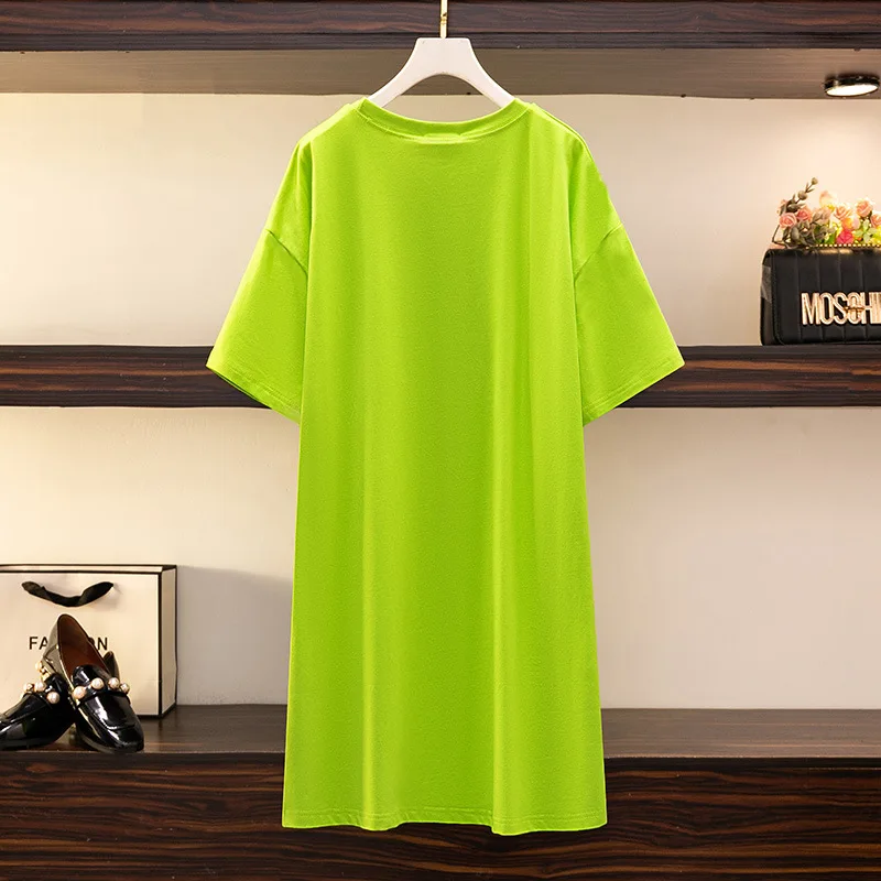 New 2022 Summer Plus Size T-shirt Dress For Women Large Size Loose Short Sleeve Green Cotton Mini Dress 3XL 4XL 5XL 6XL 7XL