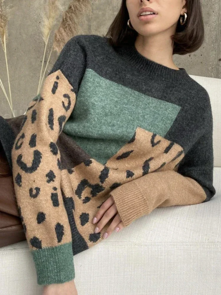 Autumn Winter Sweater Woman Leopard Print O-Neck Casual Oversized Female Sweaters Knit Soft Thick Jumper Women\'s Pullovers