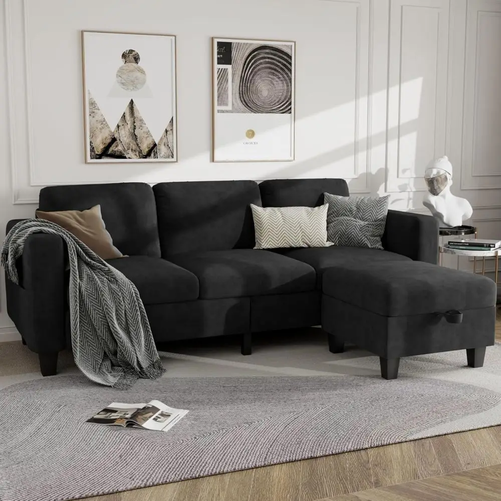 

Угловой диван-трансформер 78 дюймов с моющимся чехлом, подходит для владельцев домашних животных, со скрытым ящиком для хранения, идеально подходит для небольших гостиных и офисов - черный