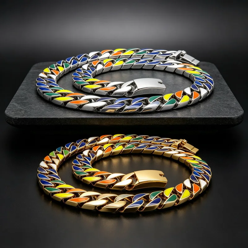 KALEN 15mm Rainbow Enamel Cuban Chain Necklace for Men Larger Stainless Steel Women‘s Choker Hip Hop Male Neck Jewelry Gifts