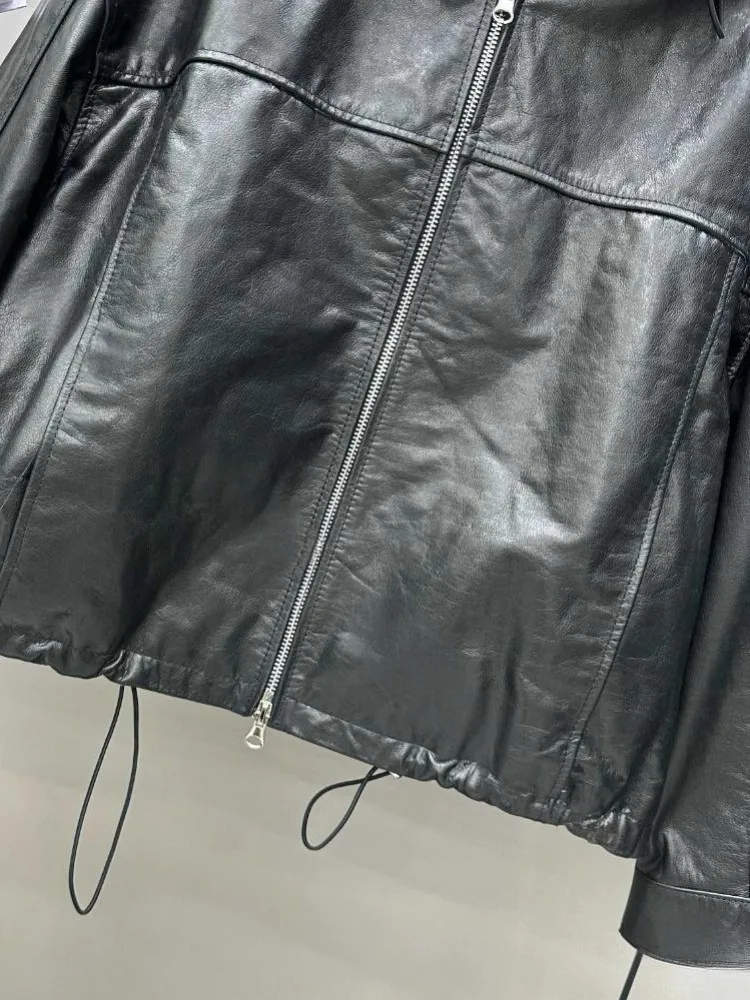 オフィスレディース ターンダウンカラー 快適な本革ジャケット ソリッドカラー 牛革 長袖 ルーズジッパー アウターウェア