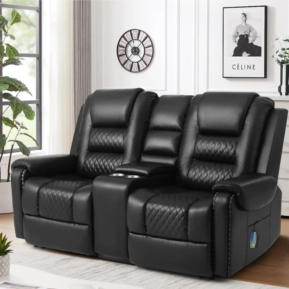 Large Massage Recliner Loveseat with Storage Console Lumbar Heating, PU Leather Reclining Sofa Chairs, Ergonomic Loveseat Chairs