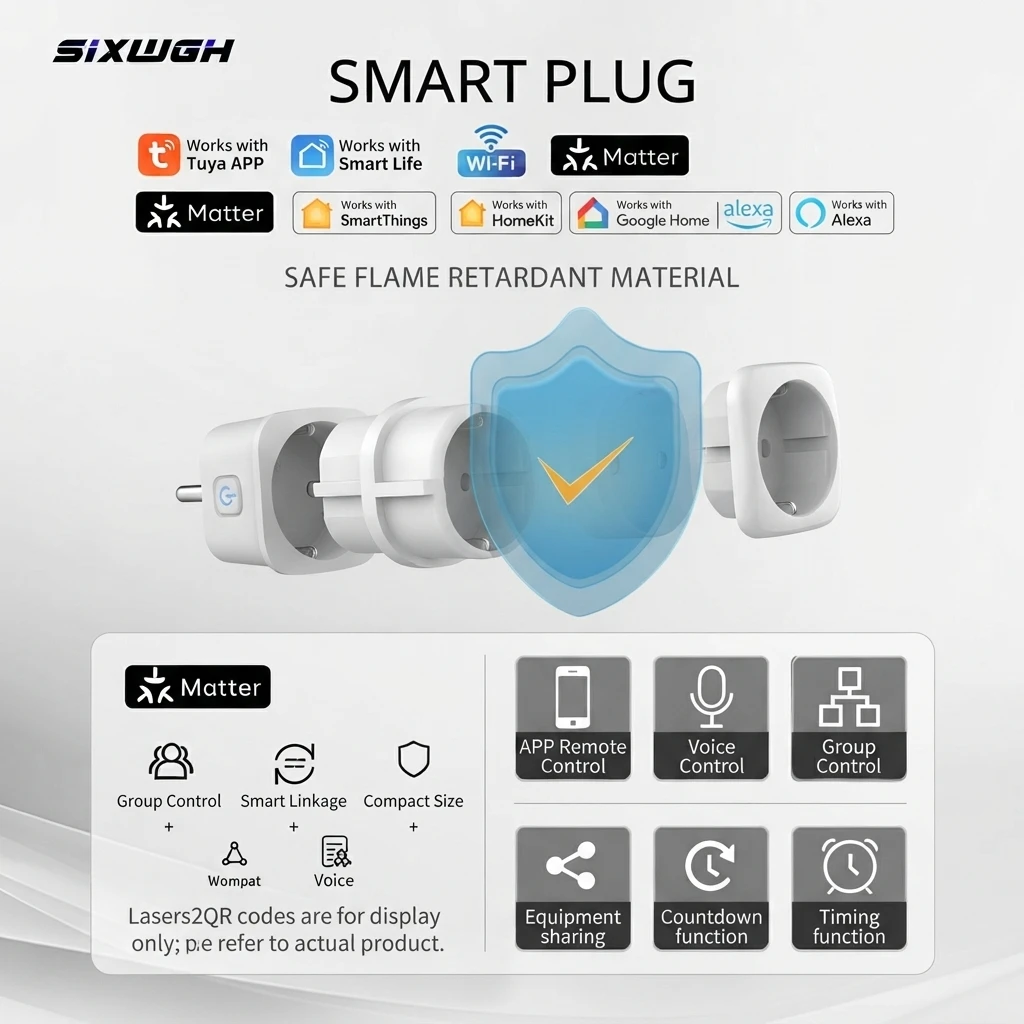 Matter 16A Smart Socket with EU Plug, Tuya/Smart Life, Equipped with Metering and Remote Control Functions, Alexa Voice Control