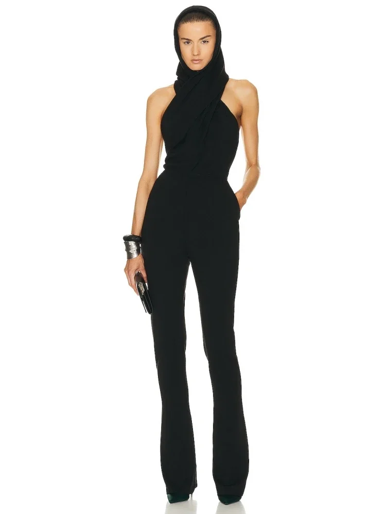 Sexy Sleeveless Hooded Design Jumpsuit Women Black Backless Hooded Collar Full Length Jumpsuit Elegant Evening Club Streetwear