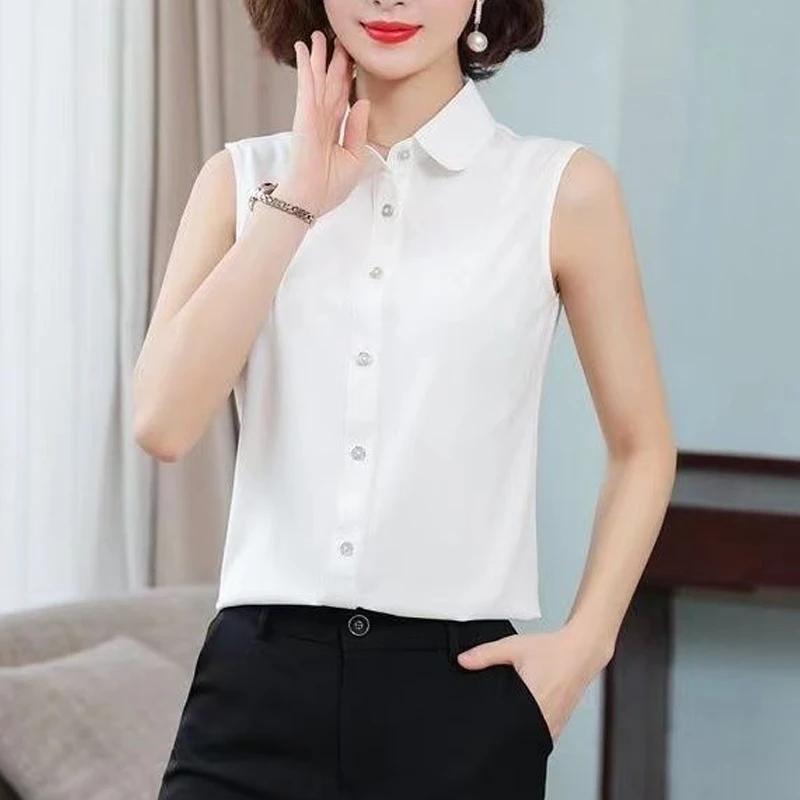 2024 Summer Women\'s Fashion Sleeveless Elegant Button Up Shirt Office Lady Black White Business Casual Turn Down Collar Blouse