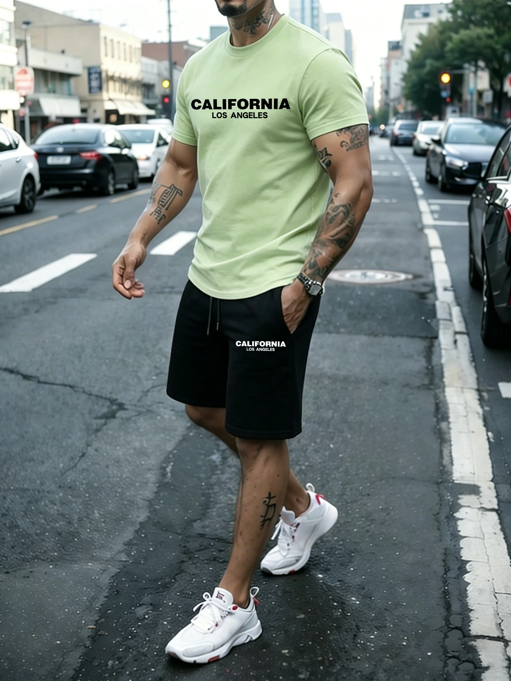 

California Los Angeles Print Cotton Summer Sport Short Sleeve Sets Man Beach Drawstring Pocket Pants Running Comfortable Tops