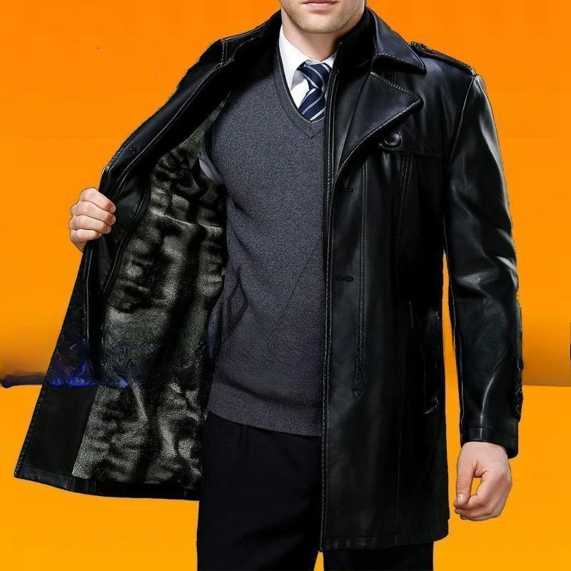الخريف والشتاء معطف الرجال جلد طبيعي منتصف العمر سميكة مع الصوف منتصف طول سترة واقية من جلد الغنم نمط السترات