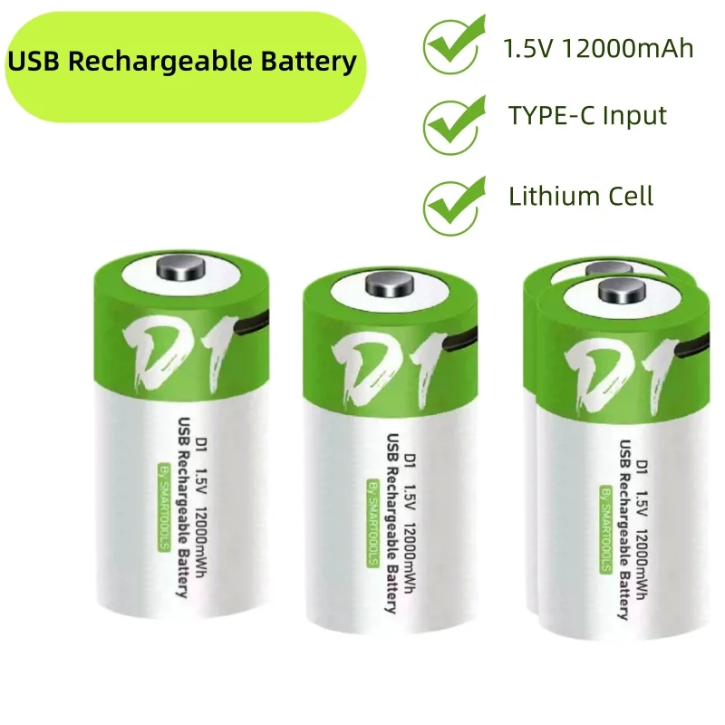 Size D 1.5V USB Rechargeable Lithium Battery, 12000mWh Constant Voltage D Cell Battery for Gas Water Heater, Gas Stove