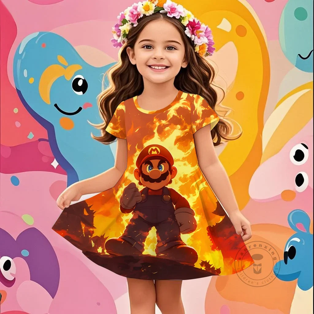 

Очаровательное летнее платье с 3D принтом «Супер Марио» для девочек, с короткими рукавами и круглым вырезом, кавайный персонаж мультфильма, игровая одежда на открытом воздухе, возраст 3–14 лет