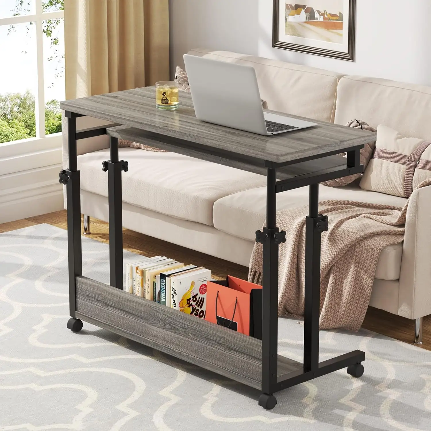 Portable Desk for Sofa and Bed, Height Adjustable Mobile Laptop Table Small Standing Desk Rolling Computer Cart