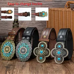 Crushed gem lace four-leaf clover big board buckle simple trend fenex-tail stripe PU embossed button belt