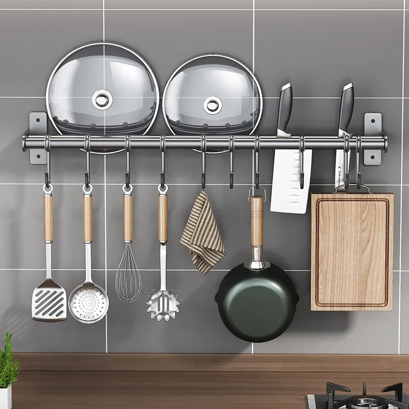 Wall Mounted Kitchen Rack Stainless Steel Lid Cook Utensil Hanger Sliding Hooks for Spoon Multi-Way Storage For Kitchen Items