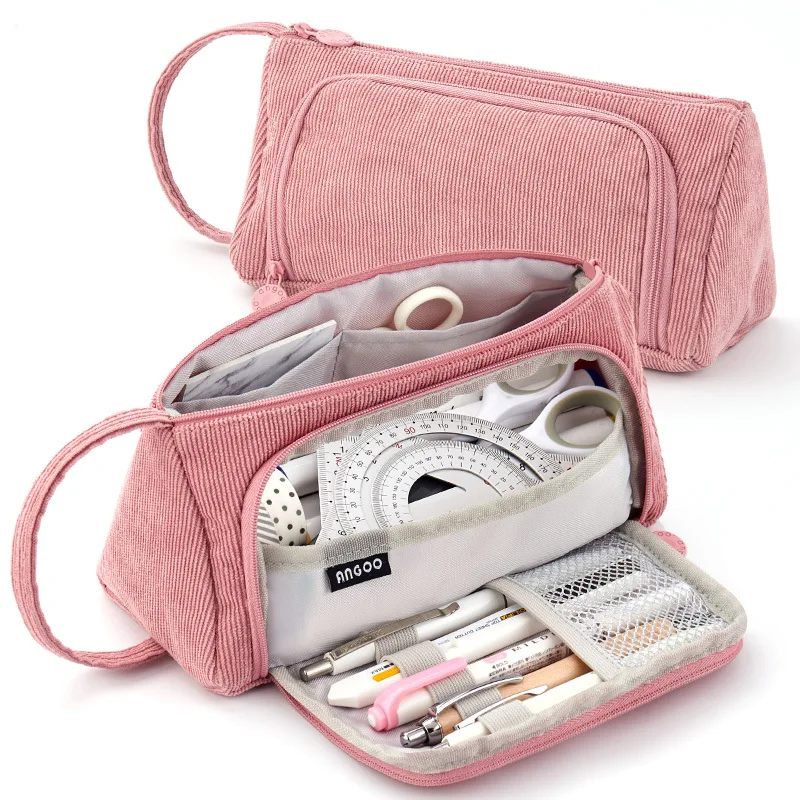 Pencil Bag Simple Pink Multi-function Stationery Case Side Open Gift Storage Large Capacity Corduroy Scissors Holder Pouch INS A
