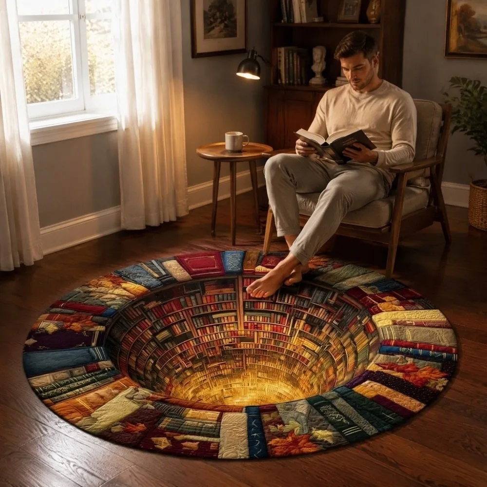2D Flat Christmas Round Rug Bottomless Pit Polyester 3D Illusion Carpet Vivid Printing Washable Fabric Vortex Floor Mat