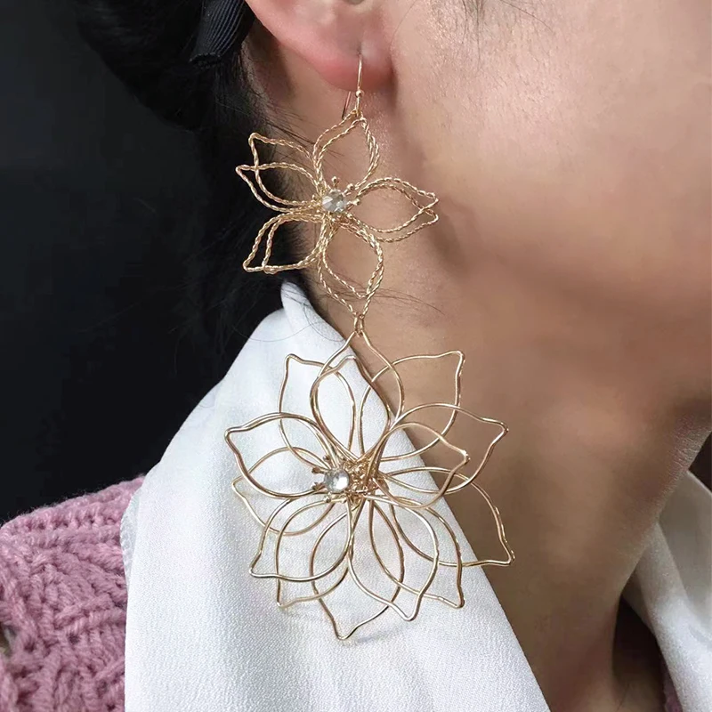 Fashion Double Layer Petals Earrings for Women Jewelry Temperament Elegant Long Flower Earrings Wholesale