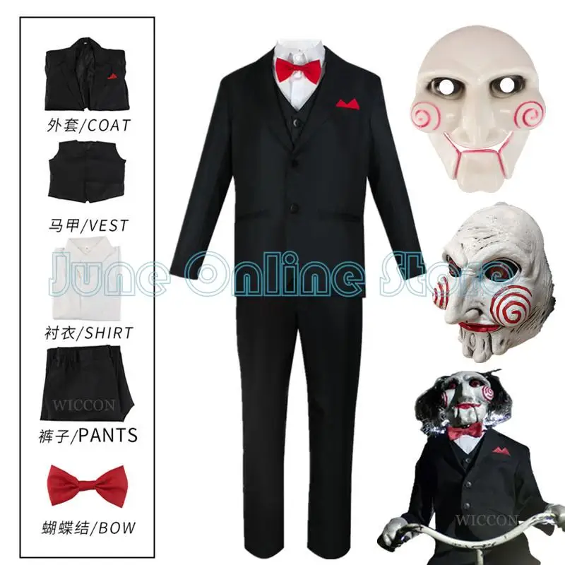 Jigsaw Killer Cosplay Anime Saw 10 Costume Uniform Men Suit Coat Vest Pants Set Halloween Party Mask Outfit for Man