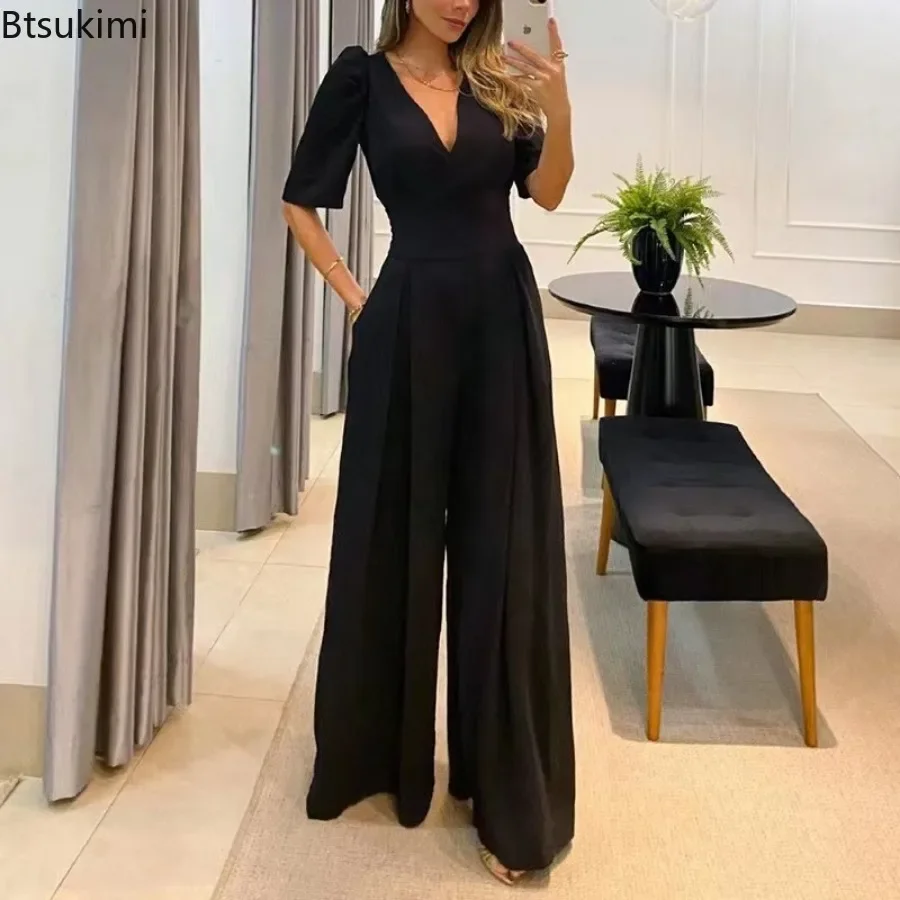 2024 Women\'s Elegant Jumpsuits Spring Summer Solid Color Temperament High Waist Women\'s Wide Leg Jumpsuit Streetwear Overalls